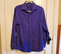 15 32/33 Kenneth Cole NY Purple Plaid Shirt Button Up Long Sleeve Slim Fit - $19.62