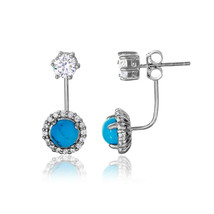 Sterling Silver 925 Rhodium Plated Round CZ with Hanging Round Turquoise Earring - £37.42 GBP