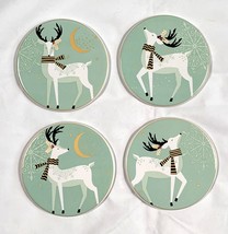 Set of 4 Pier 1 One Imports White Reindeer Ceramic Coasters Snowflake Mint Green - £19.45 GBP