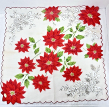 Vintage Christmas Hankie Poinsettia w White on White Pinecones &amp; Holly 1... - $12.38