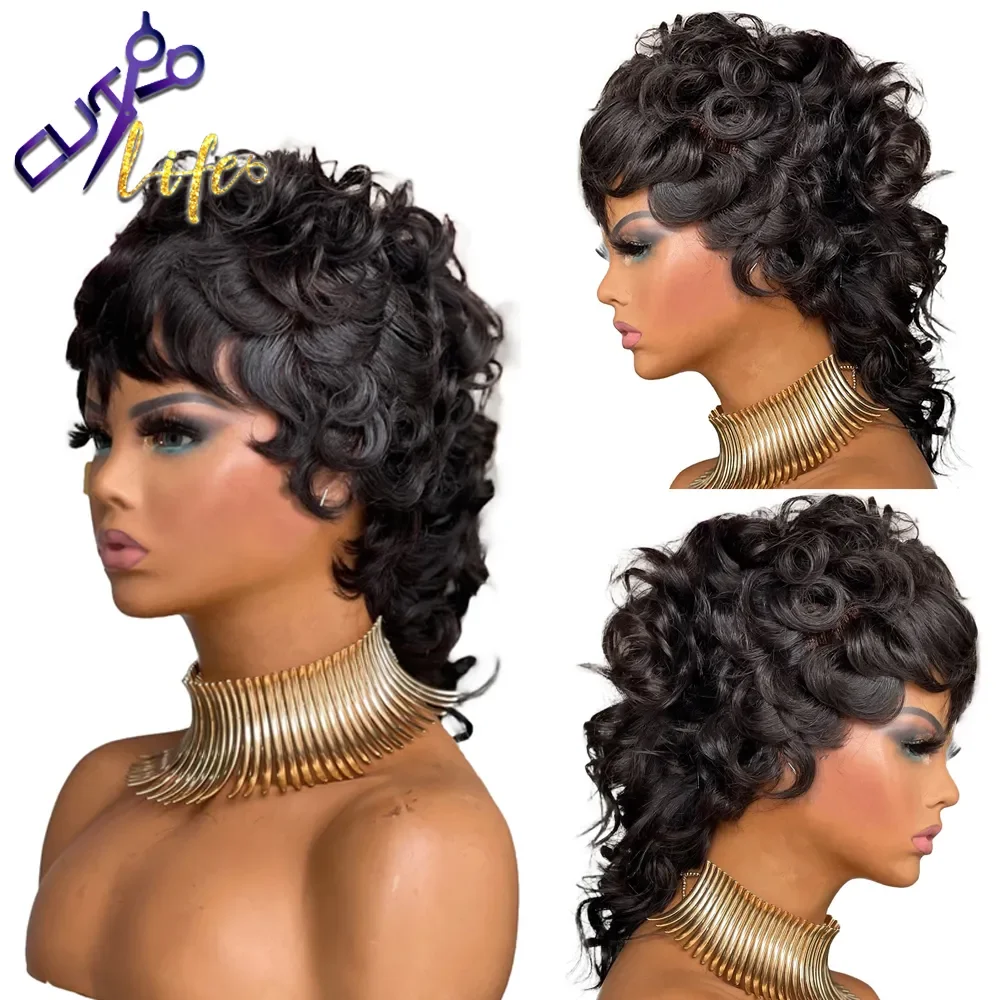 Short Pixie Cut  Deep Wave Wigs With Bangs Brazilian 150% Wear And Go Glueless - £42.86 GBP+