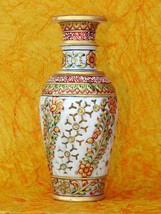 9&quot; Marble Stone Flower Vase Grill Hand Carved Pot Handicraft Meenakari Painted - £76.75 GBP