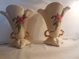 2 Hull Pottery Co. Woodland  24K Gold trimmed 7 1/4&quot; Vases (W7) - Pre-1950 - $173.25