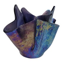 Vintage Dark purple iridescent handkerchief vase bowl art glass slumped 5x 4.5 - £30.93 GBP