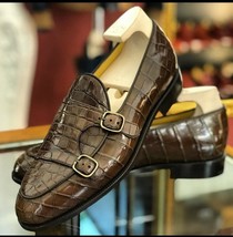 New Handmade Men&#39;s Brown Cowhide Crocodile Textured Leather Monk Loafer Shoes - £102.84 GBP+