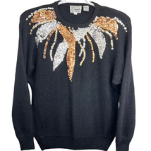 Vintage Donagain Silk Blend Sequin Sweater Black Size M Long Sleeve Rabb... - £37.30 GBP