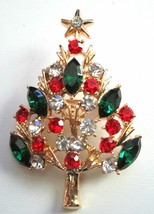 CHRISTMAS TREE BROOCH PIN RED GREEN CRYSTAL RHINESTONEs GOLD TONE SETTING - £15.79 GBP