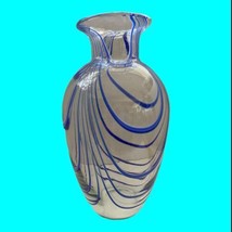 Art Glass Hand Blown Vase Twisted Cane Blue Swirl 10&quot; Tall - £16.30 GBP