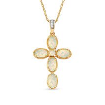 10K Yellow Gold Oval Cut Ethiopian Opal Diamond Accent Cross Necklace - £201.06 GBP