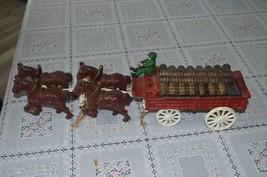 Heavy Vintage Cast Iron Barrel Wagon with Horses &amp; teamster - £46.85 GBP