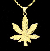 Weed Leaf Marijuana 1.7&quot; Gold Plated Pendant 24&quot; Stainless Steel Ball Necklace - £7.98 GBP