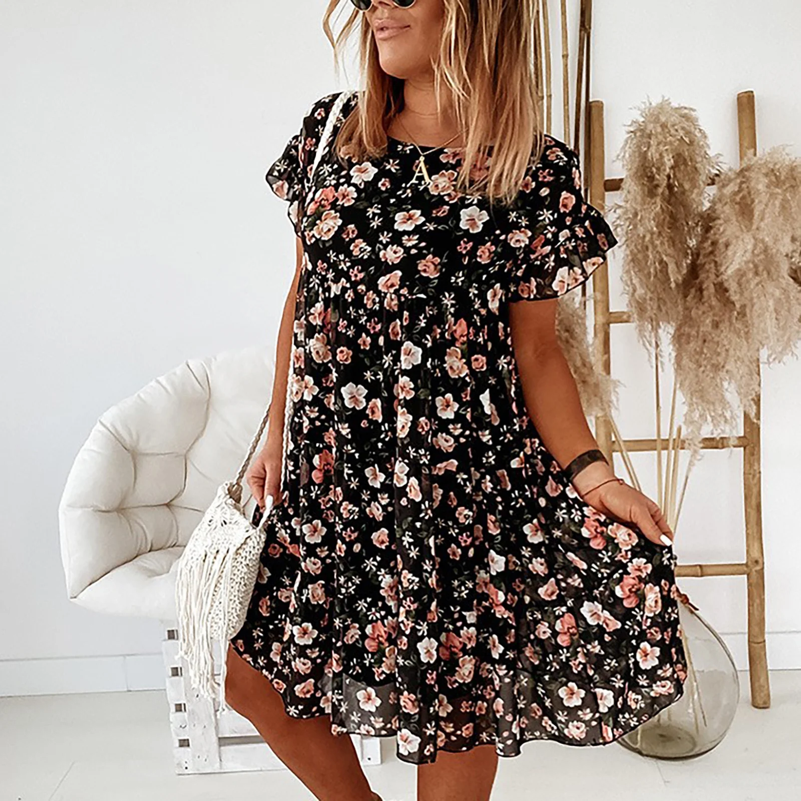Women&#39;s Plus Size Women&#39;s Summer O-neck Dress Beach Floral Print Ruffles... - $50.05