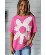 Sachet Pink Contrast Flower Drop Shoulder Loose T Shirt - $23.03