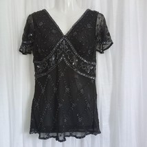 Vintage Adrianna Papell Black Tunic Top Blue Beaded Flutter Sleeves Plun... - £54.65 GBP