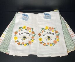 LOT of 6 Kitchen Hand Tea Dish Towels Bee Happy Peach Green Yellow Set N... - $18.78