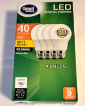 Great Value LED Light Bulb Medium Base Soft White Non Dimmable 6/40 Watt 4 pk - £7.78 GBP