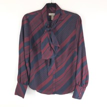 Canvas by Lands End Top Blouse Tie Collar Long Sleeve Striped Burgundy Navy 10 - £7.78 GBP
