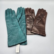 Women&#39;s Soft Leather Gloves Sz 7 Green Polyester Lined / Brown Wool Line... - $38.69