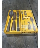 Dark Wooden Salad Fork Spoon Salt Pepper Shakers Set New Japan Tiki Vintage - $27.13 CAD