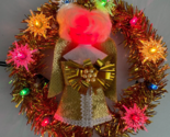 Vintage Christmas Tree Topper Angel Doll Lighted Gold Foil Tinsel Wreath - $24.74