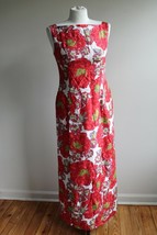 Vtg Handmade 36&quot; Bust Silk Red Floral Sheath Maxi high Neck Tank Dress - £71.76 GBP