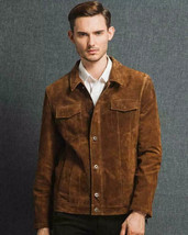 Men Brown Pure Soft Suede Leather Shirt Handmade Stylish Casual Party Fa... - £88.02 GBP+