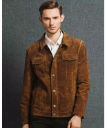 Men Brown Pure Soft Suede Leather Shirt Handmade Stylish Casual Party Fa... - $119.68+