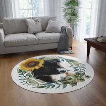 Cute Black Puppy with Sunflower Hat Round Rug - $165.00