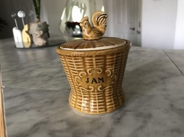 Vintage Brown Basket Texture Ceramic Jam Jar Rooster Lid With Attached S... - £7.07 GBP