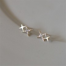 925 Silver Korean Version Simple Four-pointed Star Stud Earrings Women Pav Zirco - £9.04 GBP