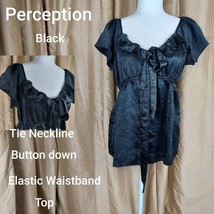 Perception Black Tie Neck Button Down Top Size L - £9.57 GBP