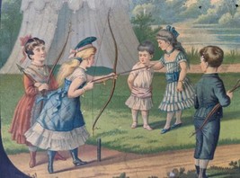 RARE 19th Century Victorian 1800&#39;s Tin Chromolithograph Children Archery Panel - £219.82 GBP