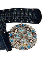 Vintage Leatherock USA Jeweled Turquoise Woven Black Leather Belt &amp; Meta... - £76.58 GBP