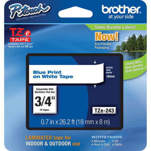 Brother TZ243 TZe243 18mm 3/4" inch blue on white TZ P-touch label tape PT1830