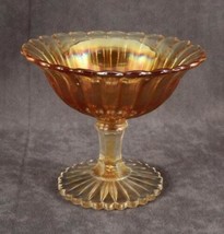 Vintage Iridescent Marigold Glass Compote Footed RIBBED Scallop Edge Pattern 4&quot; - £13.32 GBP