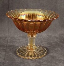 Vintage Iridescent Marigold Glass Compote Footed RIBBED Scallop Edge Pat... - $16.81