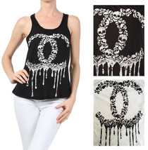 Women&#39;s Punk Rock Dripping CC SKULL Racer Tank Top BLACK/WHITE S M L - £7.86 GBP