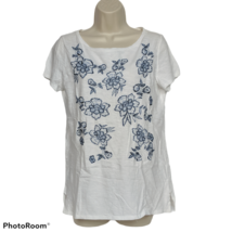 LOFT Womens Blouse Top Small White Floral Embroidered Boat Neck Short Sleeve - £18.82 GBP