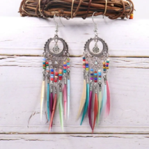Silvertone Boho Colorful Long Beads Feather Tassels Drop Earrings - New - £11.84 GBP
