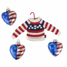 Set of 4 Americana Ornaments USA America Blown Glass Flag Hearts &amp; Mini Sweater - £15.46 GBP