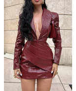 Sexy Deep V Red Lattice Leather Mini Dress - $92.95