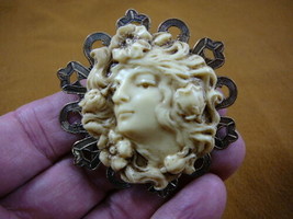 (CL61-1) Lady hair wind blown wavy flowers ivory Cameo brass Pin Pendant brooch - £25.72 GBP