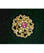 Vintage Round Pink &amp; Faux Pearl Brooch Pin-Lot P 66 - $10.00