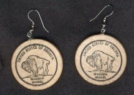 Funky Buffalo Wooden Nickel Earrings Vintage Phony Money Charms Costume Jewelry - £4.69 GBP