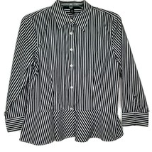 Lauren Ralph Lauren Womens Blouse Size 10P Button Front 3/4 Sleeve Black Stripe - £18.64 GBP