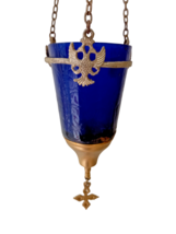 6 1/2&quot; Antique Blue Glass Byzantine Eagles Design Hanging Greek Vigil Oi... - £27.67 GBP