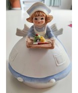 Music Box Nurse Blue &amp; White Uniform Bisque  1979 rotating spoonful of s... - $19.79