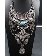 Vtg Princess Choker Bib Necklace Faux Turquoise Cabochon Rhinestone Studded - $140.03 CAD