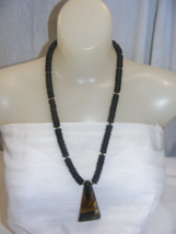 Vintage 24&quot; Necklace Chocolate Brown &amp; Tiny Gold Beads Faux Reptile Pend... - $645.41 MXN