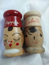 Vintage Wooden Red &amp; White Chefs Hat &amp; Painted Faces Salt &amp; Pepper Shakers Japan - £4.72 GBP
